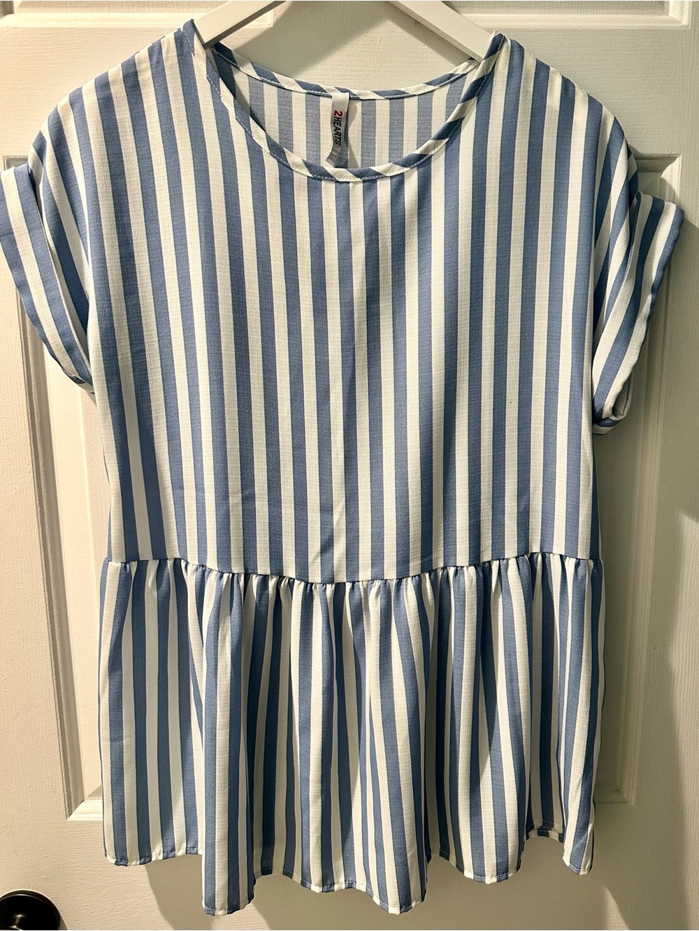 Striped Blue & White Ruffle-Hem Blouse